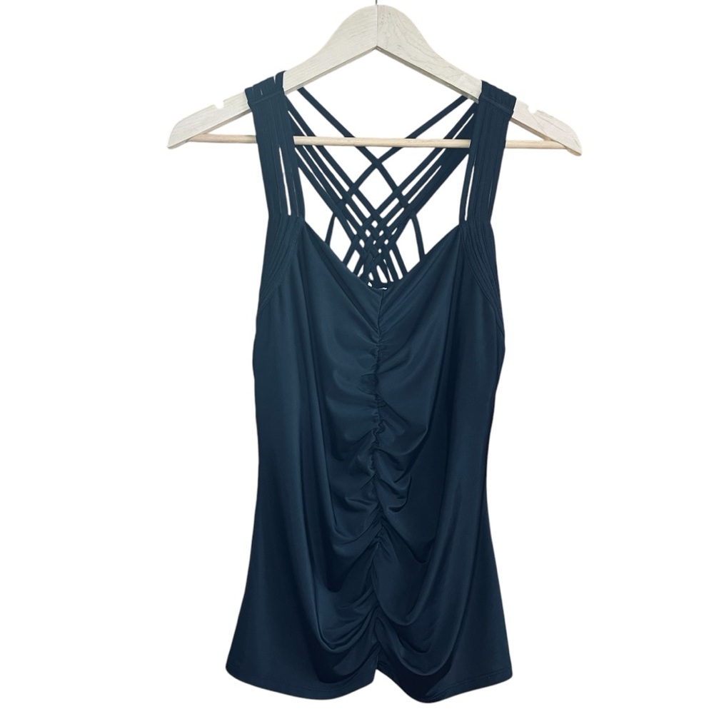 Carmen Marc Valvo Black Ruched Tank Top Strappy Back Cutout Stretch M * - Picture 2 of 6